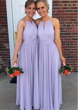 Shop Lavender Chiffon Halter Lilac Long Pleats A-line Bridesmaid Dress under 100