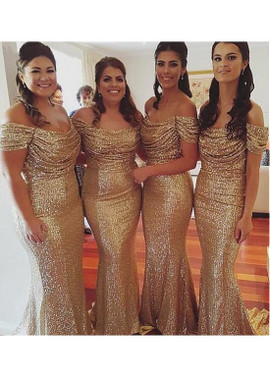 Shop Sparkle Sequin Lace Off-the-shoulder Gold Floor-length Mermaid Bridesmaid Dress under 100
