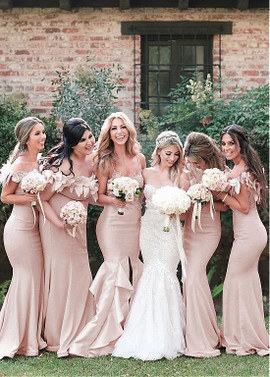 Shop Cheap Stertch Satin Off-the-shoulder Pink Mermaid Bridesmaid Dresses With Handmade Flowers for 2020
