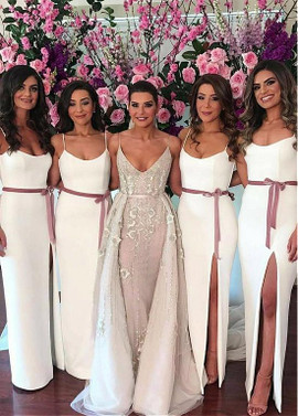 Shop Cheap Chiffon Spaghetti Straps White Sheath/Column Bridesmaid Dresses With Belt under 100