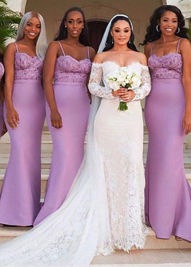 Shop Sexy Lavender Satin Spaghetti Straps Romantic Floor-length Mermaid Bridesmaid Dress under 100