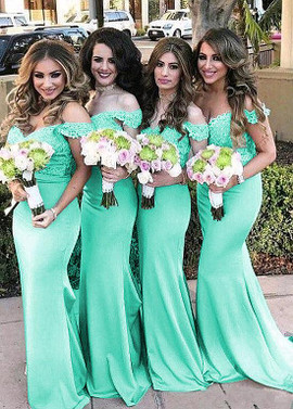 Shop Cheap Acetate Satin Off-the-shoulder Mint Appliques Long Bridesmaid Dress under 100
