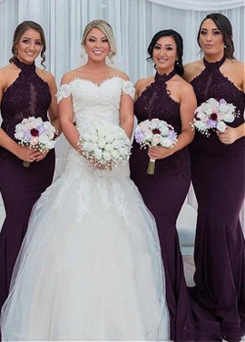 Shop Sexy Satin Halter Beaded Lace Appliques Purple Mermaid Bridesmaid Dress under 100
