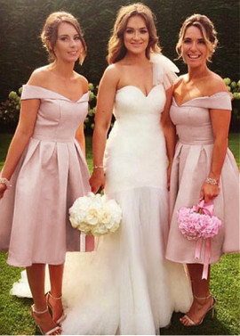 Shop Cheap Satin Off-the-shoulder Pink Knee Length A-line Bridesmaid Dresses under 80