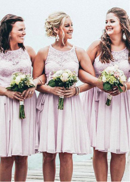 Shop Beach Chiffon Jewel Blush Knee-length A-line Bridesmaid Dress With Belt under 100