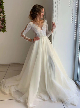 Sexy Romantic Long Sleeve Bateau Ivory Organza Lace Wedding Dress With Pearls under 200