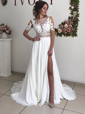 Sexy Slit Long Sleeve Backless A-Line White Chiffon Appliques Wedding Dress under 200