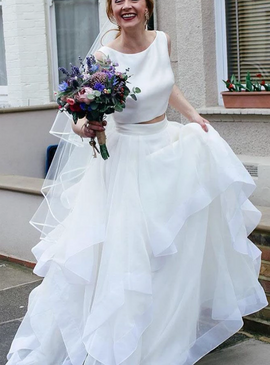 Shop Cheap A-Line White Cheap Two Piece Satin Tulle Backless Wedding Dress under 100