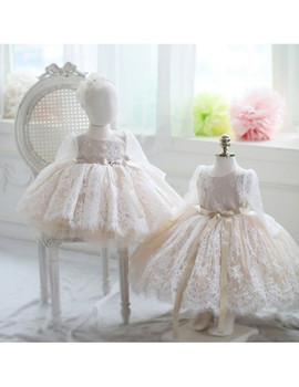  Long Sleeves Tutu Ivory Vintage Lace Flower Girl Dress