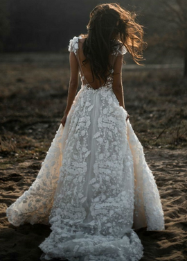 Shop Cheap Deep V Neck 3d Floral Appliques Short Sleeves Backless Bridal Bohemian Wedding Dress under 300