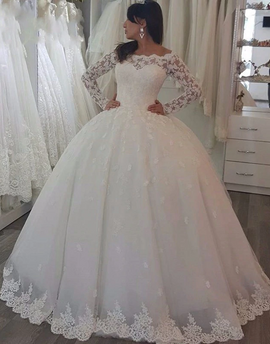 Shop Beautiful Long Sleeve Lace Ball Gown Tulle Floor Length Bride Wedding Dress for 2020
