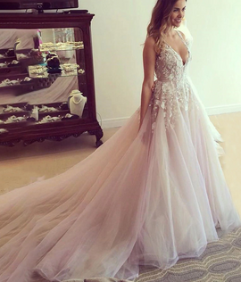 Shop Cheap Pink Applique Open Back Sleeveless A Line V Neck Tulle Wedding Dresses under 200
