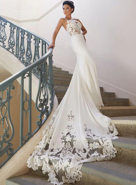 Shop Cheap Jersey Mermaid Spaghetti Straps Vintage Lace Appliques Wedding Dress under 100