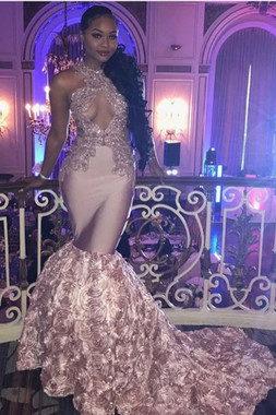 Shop Cheap Luxury Pink  Cut-out Top Beaded Sequined Long Mermaid High Neck Dusty Pink Prom Dress Under 200