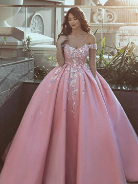 Shop Cheap Pink Arabic Dubai Off Shoulder V Neck Beaded Flowers Ball Gown Prom Dress under 200