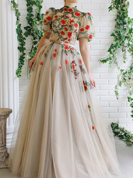 Shop Cheap Princess A Line Short Sleeves Appliques High Neck Floral Champagne Formal Evening Prom Dress under 200