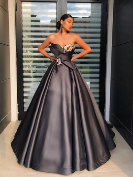 Shop Cheap Long Sweetheart Flowers Strapless Ball Gown Black Party Gala Prom Dress under 200