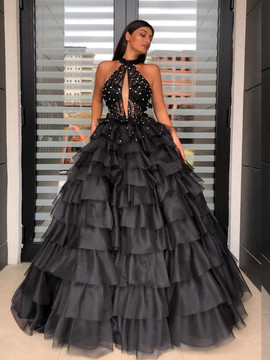 Shop Beautiful Black Beaded Plus Size Long A Line Halter Open Back Crop Top Ruffles Tiered Prom Dresses Under 300