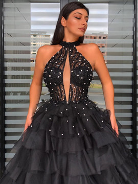 Shop Beautiful Black Beaded Plus Size Long A Line Halter Open Back Crop Top Ruffles Tiered Prom Dresses Under 300