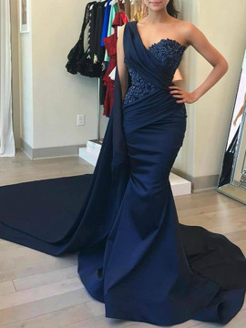 Shop Elegant Cape Appliques Beaded Navy Blue Mermaid Prom Dress under 200
