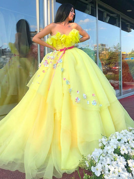 Shop Beautiful Yellow Puffy Prom Dress 3D Flowers Feathers Tiered Tulle Plus Size Ball Gown Formal Evening Dresses under 300
