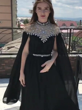 Shop Sexy Sparkle Black Elegant A Line Dubai Cape Sparkly Crystal Beaded Evening Prom Dress under 200