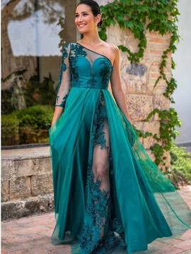 Shop Sexy Emerald Green One Shoulder Sexy See Through Lace Appliques Long Sleeve Prom Dress under 200