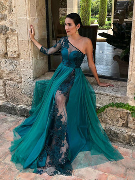 Shop Sexy Emerald Green One Shoulder Sexy See Through Lace Appliques Long Sleeve Prom Dress under 200