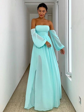 Shop Sexy Arabic Mint Long Sleeves Chiffon Strapless Formal Evening Dress With Slit under 100