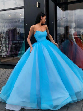 Shop Beautiful Blue Strapless Tulle Plus Size Backless Ball Gown Formal Evening Prom Dresses under 200