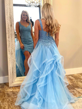 Shop Unique Blue Lace Appliques Beaded Sexy Backless V Neck Mini Skirt Mermaid Prom Dress under 200