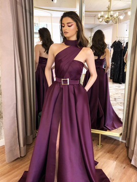 Shop Dark Purple Unique Long A Line High Neck Grape Pleated High Slit Formal Evening Dress under 100
