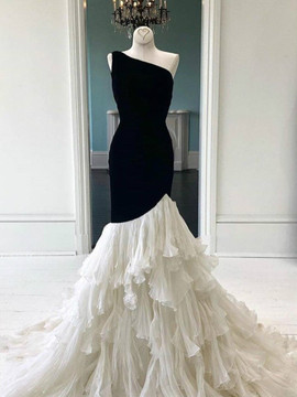 Shop Elegant Burgundy Velvet One Shoulder Ruffles Chiffon Tiered Mermaid Prom Dress under 200