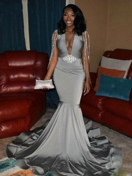 Luxury 2020  Long Sheer Neckline Tassel Gray African Deep V Neck Prom Dresses With Sash From Annakoo