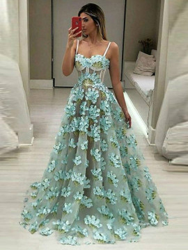 Shop Unique  Spaghetti Straps Mint A line Floor-length Floral Lace Long Evening Prom Dress under 200