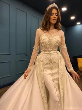 Shop Luxury Champagne Sheer Long Sleeves Beaded Mermaid Prom Dresses With Detachable Train under 200