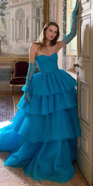 Shop Beautiful Turquoise Long Sleeves Strapless Tiers Tulle Ball Gown Evening Prom Dress from Annakoo