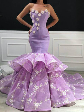 Shop Beautiful Long Sweetheart Ruffle Tiered Sweep Train Hand Made Flower Lace Pageant Purple Mermaid Evening Prom Dress under 300