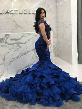 Shop Beautiful 2020 Royal Blue Lace Applique Tiered Ruffles Beaded Mermaid Prom Dresses under 200