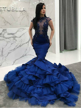Shop Beautiful 2020 Royal Blue Lace Applique Tiered Ruffles Beaded Mermaid Prom Dresses under 200