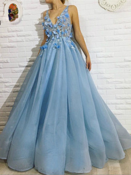 Shop Unique V Neck Sleeveless Appliques Ball Gown Organza Baby Blue Long Evening Prom Dress from Annakoo