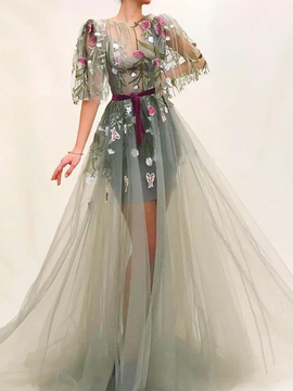 Shop Summer  Fashion Embroidery Flowers Short Sleeve Olive Green Tulle Prom Evening Dresses under 200