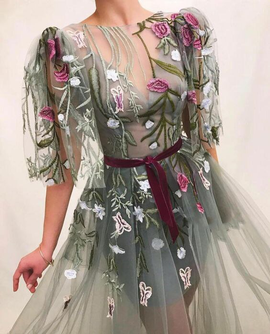 Shop Summer  Fashion Embroidery Flowers Short Sleeve Olive Green Tulle Prom Evening Dresses under 200