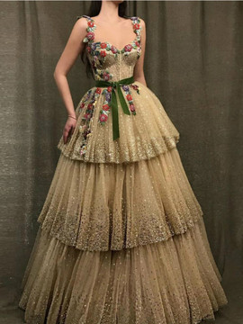 Shop New Arrival Spaghetti Strap Champagne Layered Tulle Embroidery Glitter Tulle Long Evening Prom Dress under 200