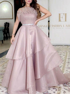 Shop Unique Beading Elegant Strapless Tiered Organza Pink Formal Prom Dresses under 200