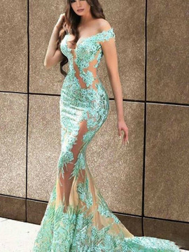 Shop Sexy Mermaid Off-Shoulder Sexy Mint Lace Appliques See Through Long Prom Dresses  under 200