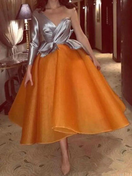 Shop Unique Gray Orange One Shoulder Long Sleeves Unique Ankle Length Short Prom Dress under 100
