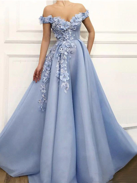 Shop Cheap Light Sky Blue Off Shoulder Handmade Flowers Pearls Sleeveless Prom Dresses under 200