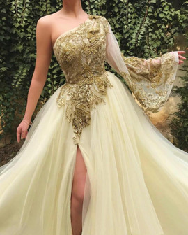 Shop Unique Champagne Beaded Sexy One Shoulder Long Sleeves Side Split A Line Evening Prom Dresses from Annakoo