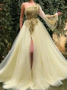 Shop Unique Champagne Beaded Sexy One Shoulder Long Sleeves Side Split A Line Evening Prom Dresses from Annakoo